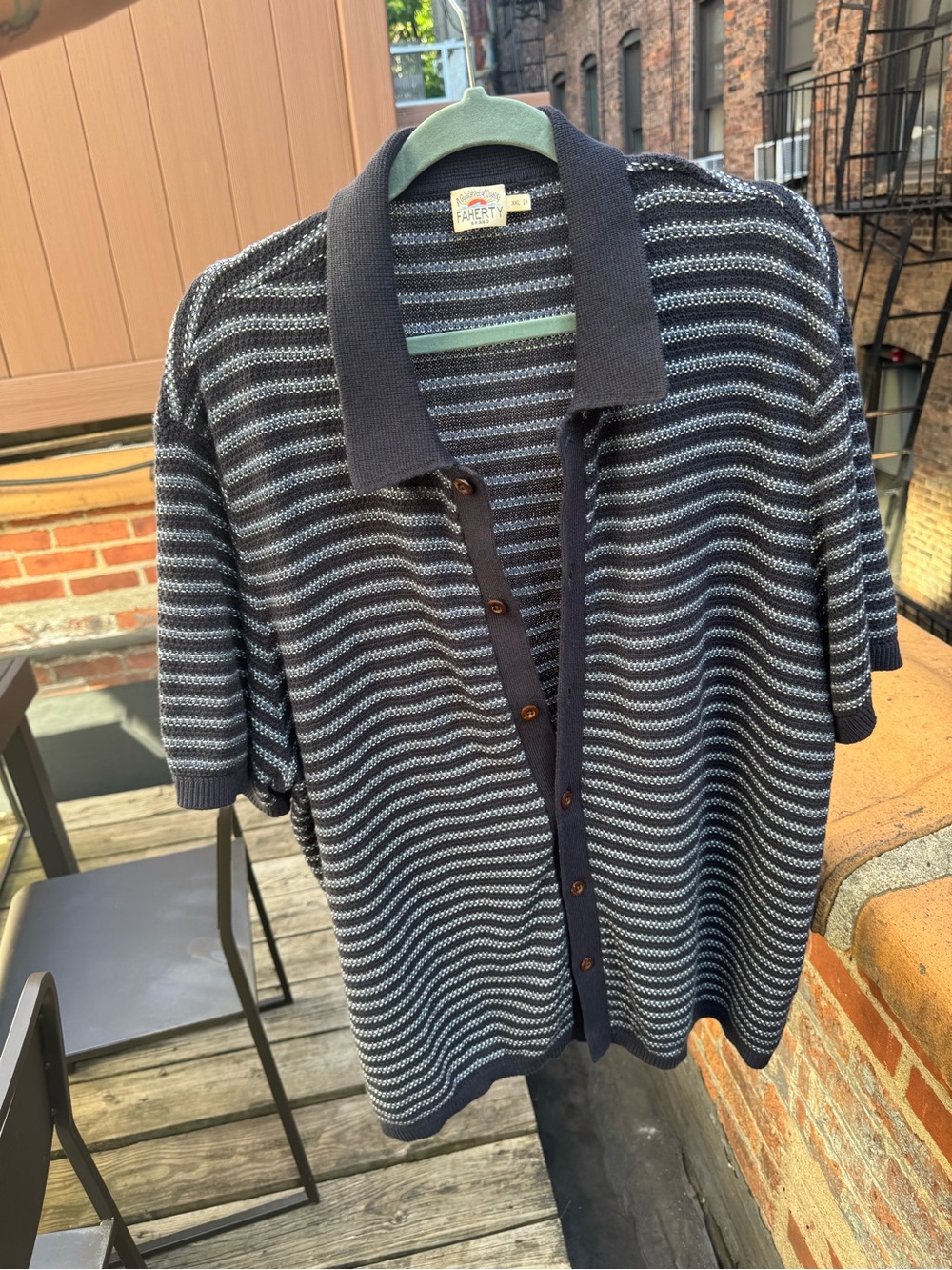 Faherty Striped Knit Polo Sweater (Navy & Light Blue)